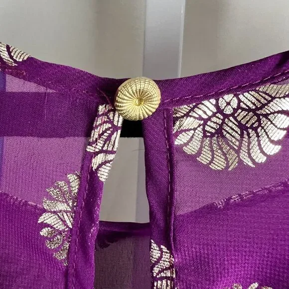 Francesca’s Sheer Metallic Dot Blouse Size L Purple Drama & Gold Foil Energy - Picture 8 of 11